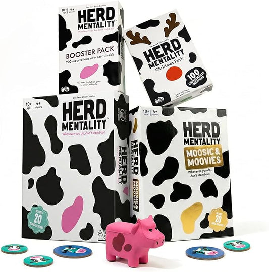 Herd Mentality Board Game Bundle – Herd Mentality Game + Moovies & Moosic Game + Original Expansion Pack + Christmas Pack | Funny Family Party Games for Adults, Teens & Kids