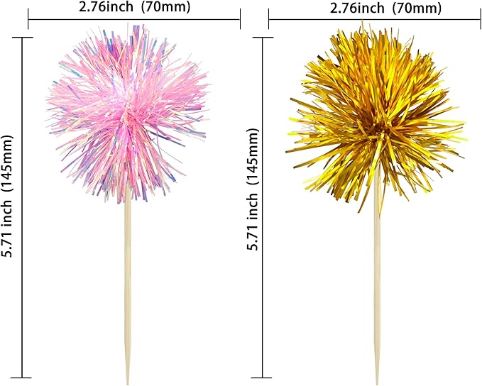 Gyufise 30Pcs Foil Firework Cupcake Toppers Sparkle Tinsel Cake Toppers Tinsel Drink Cake Decoration Cocktail Picks for Birthday Wedding Graduation Party Supplies Gold Pink