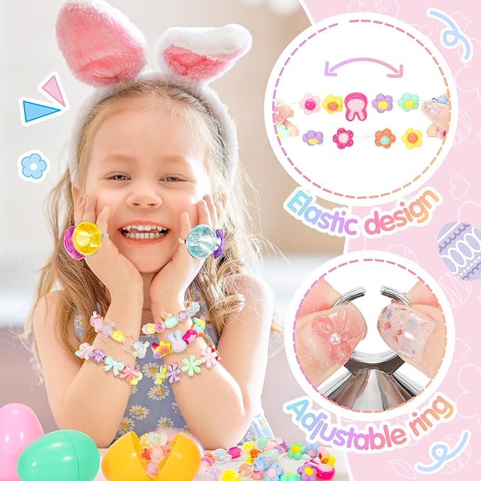 SevenQ Prefilled Easter Eggs with Bracelets Rings 24 Pack Kids Jewelry for Girls Easter Basket Stuffers Gifts for Kids Fidget Toys Fillers Princess Party Favors Classroom Treasure Box Egg Hunt Games