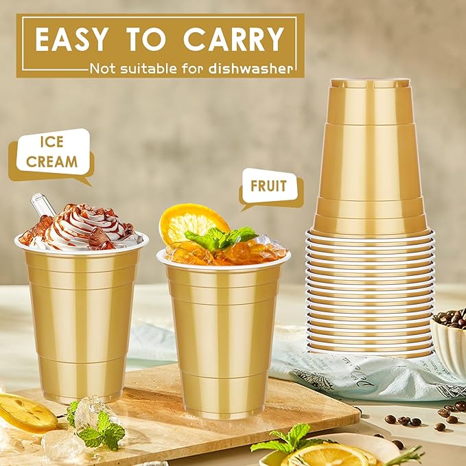 Dualshine 100 Pack 16 oz Gold Plastic Cups, Disposable Plastic Party Cups, Heavy Duty Drinking Water Cup for Wedding Birthday Graduation Valentine's Day Christmas Baby Shower Picnic Barbecues Supplies