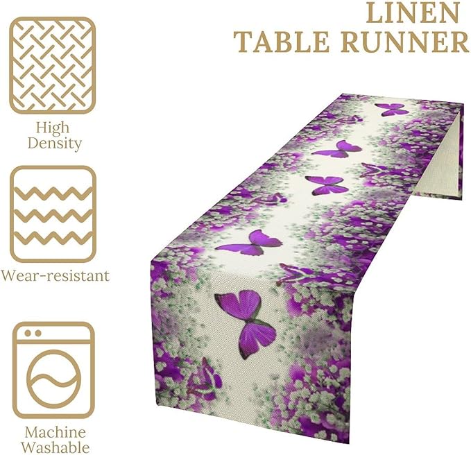Floral Butterfly Spring Table Runner, Purple Flowers Seasonal Kitchen Dining Table Decoration for Home Party Decor 13x60 Inch