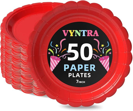 Vyntra 50 Pack Red Paper Plates 7 Inch, Disposable Dessert Plates, Solid Color Party Supplies for Christmas Cookies, Valentine’s Day Treats, Game Day & Holiday Parties(Red, 7”)