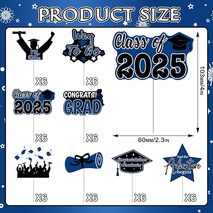 PartyGarden 2025 Graduation Cupcake Toppers - 48 Blue Pcs - 8 Designs - Class of 2025 Graduation Decorations