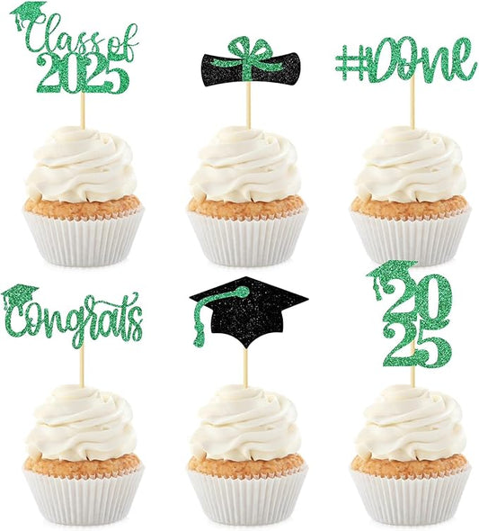 24Pcs Cupcake Toppers Glitter Congrats Grad Diploma 2025 Graduation Cap Cupcake Picks Class of 2025 Cake Decorations for 2025 Graduation Theme Party Supplies(Green)