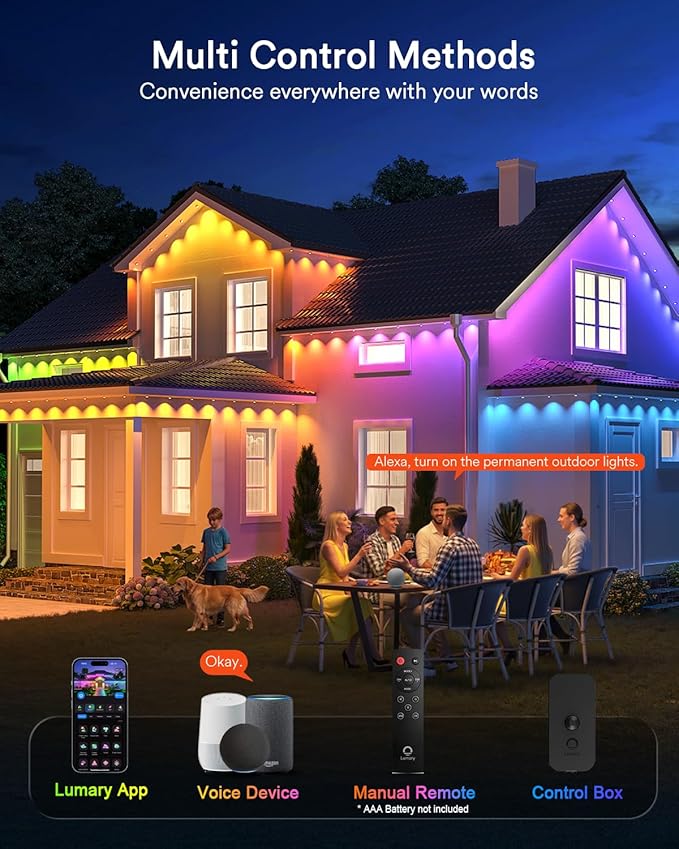 Lumary Permanent Outdoor Lights 2 with Remote, Slide Base, 150ft with 90 RGBAICW LEDs for Daily and Accent Lighting, 110+ Scenes for Christmas Decor, Work with Alexa Google, Black