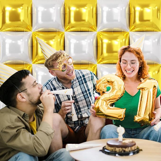 NISOCY 25PCS Gold White Square Foil Balloons Wall Backdrop Double Sided Gold Pearl White Balloon Arch Kit for Birthday New Year Wedding Engagement Bridal Shower Party Decorations