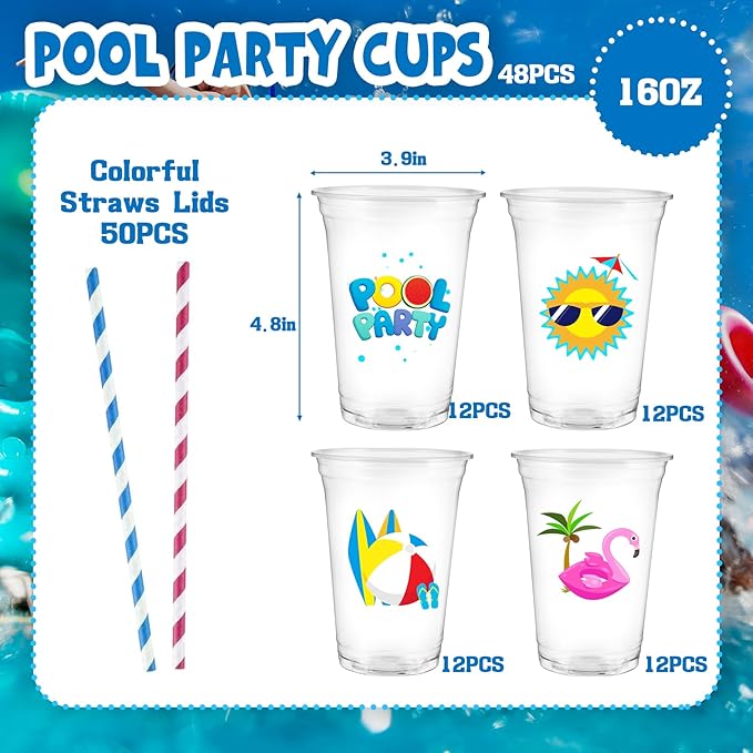 taupphoo 48PCS Beach Pool Party Plastic Cups with Paper lids Summer 16oz Luau Swimming Party Disposable Plastic Cups Drinkware for Beach Ball Pool birthday Decorations favors