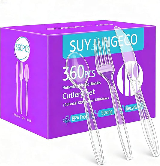 360 Count Clear Plastic Forks Spoons Knives Bulk Heavy Duty Plastic Silverware Disposable Cutlery Set Thick Durable Party Utensils for Dinner,Daily Use,Picnic