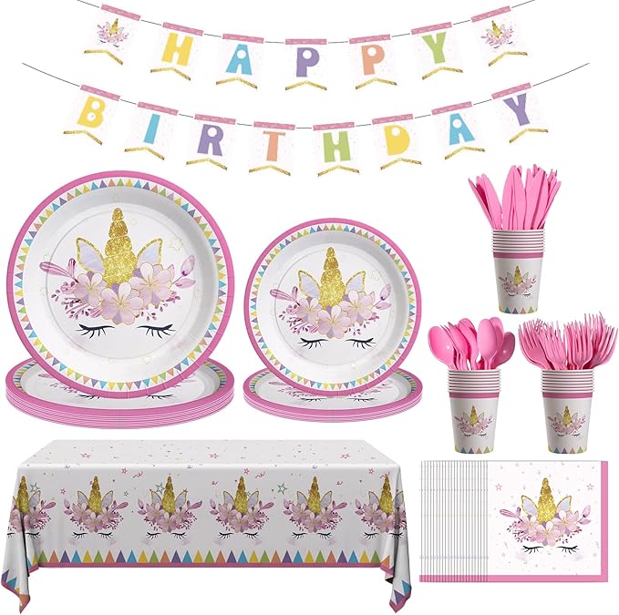Unicorn Birthday Decorations for Girls, 170 Pcs Unicorn Party Decorations Including Banner, Plates, Cups, Napkins, Cutlery and Tablecloths, Serves 24