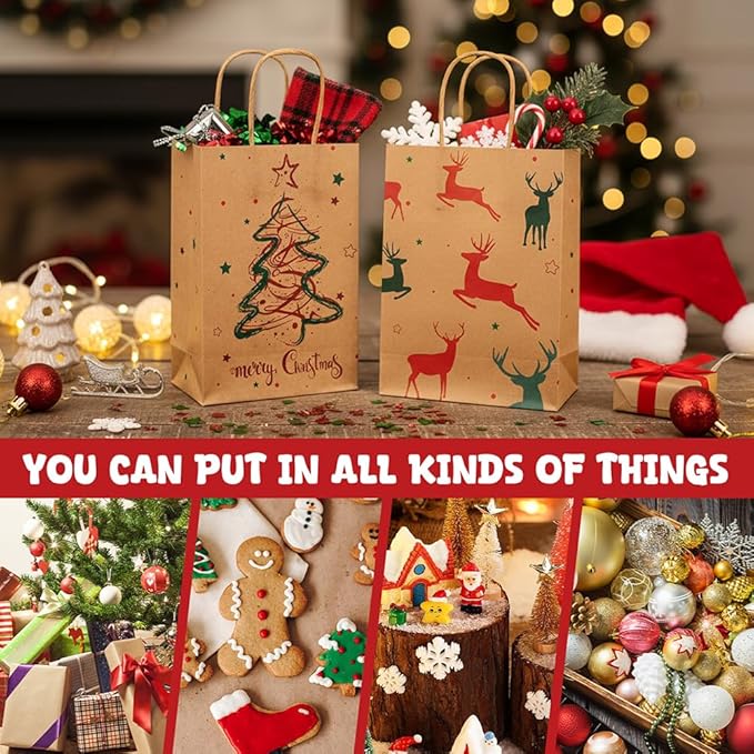 EUBUY 24 PCS Christmas Kraft Gift Bags for Present Wrapping, 5.91"x3.15"x8.27" Christmas Kraft Gift Bags with Handles for Holiday Party Favors and Decor Supplies