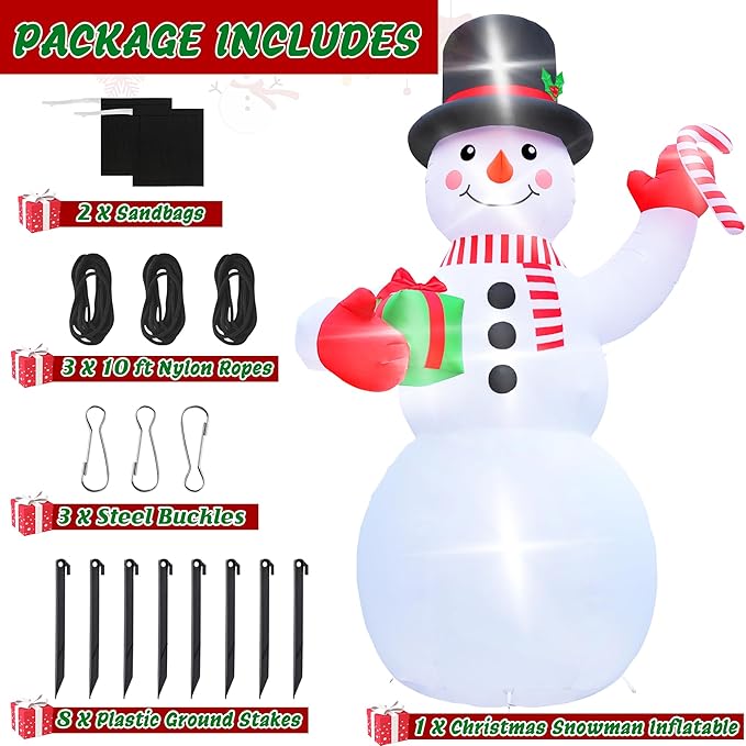 Christmas Inflatables, 14FT Snowman with Present Box and Candy Cane, Lighted Christmas Snowman Blow Up Decorations, Christmas Outdoor Inflatable Decor for Xmas Holiday Party Lawn Garden Patio