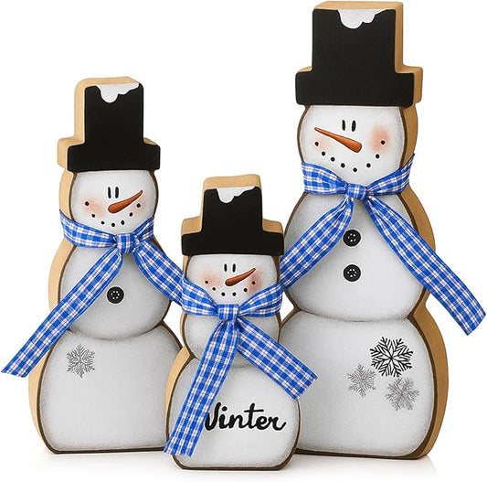 Suzile 3 Pcs Christmas Snowman Table Decorations Winter Wooden Snowman Centerpiece Block Signs Tiered Tray Desktop Figurine for Indoor Fireplace Mantel Home Decor Holiday Xmas Party Supplies (Blue)