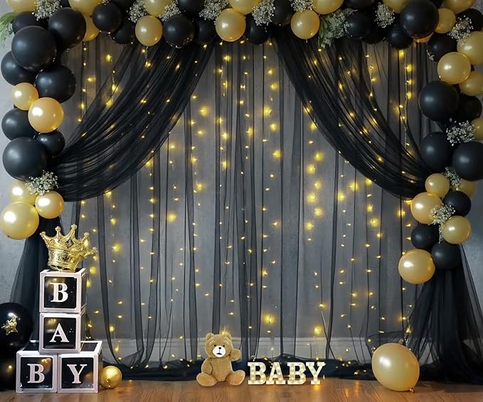 Black Backdrop Curtains with Lights String for Parties Wedding Bridal Shower 10×10ft Sheer Tulle Backdrop Curtain Panels for Baby Shower Birthday Party Photo Shoot Background Wall Decorations