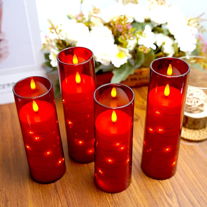 Flameless Candles,with Embedded Star String, Battery Operated Candles Flickering LED Pillar Candles with Remote Control and Timer, Home Decoration Add a Warm and Romantic Atmosphere，Set of 7 (Red)