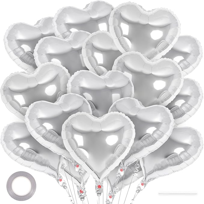 24 Pcs Silver Heart Balloons,18 inch Heart Shape Foil Balloons Love Balloons Valentine Balloons for Birthday Party Wedding Engagement Party Baby Shower Valentine Day Decorations (Silver)