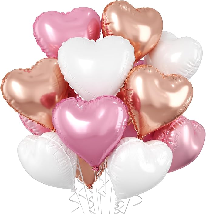 Rose Gold Heart Balloons, 10 Pcs Light Pink Heart Shaped Balloon, 18 Inch Rose Gold and White Foil Balloons Helium for Girls Women Brithday Bridal Baby Shower Wedding Valentines Party Decorations