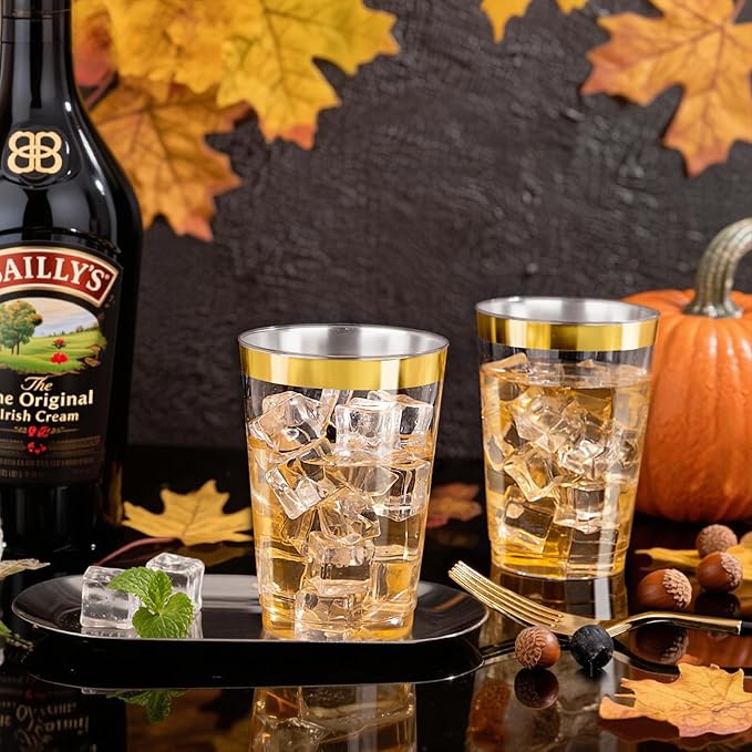 Ciaell 120PCS Gold Plastic Cups - 12Oz Heavy Duty Plastic Cup - Disposable Gold Rimmed Cups - Premium Gold Rim Cup Perfect for Wedding & Party & Thanksgiving