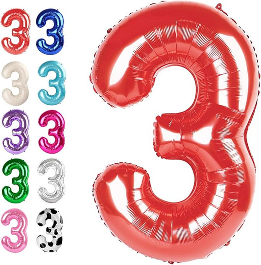 40 Inch Red 3 Large Number Balloon, 3 13 23 30 33 36 38 Red Birthday Party Decorations, Number Three Foil Balloons for Anniversary Party Graduations Celebration Supplies