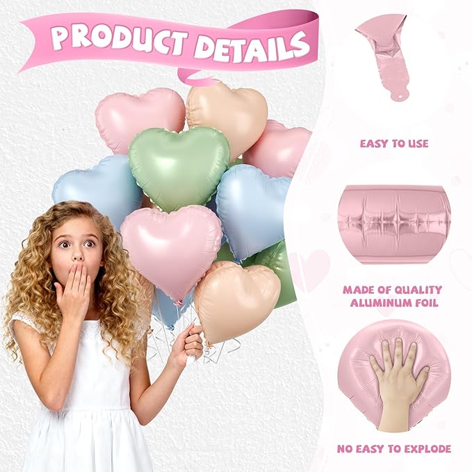 Pink Blue Green Heart Balloons, 10 Pcs Pastel Heart Shaped Balloon, 18 Inch Baby Pink Blue Sage Green Foil Balloons for Boho Garden Wildflower Brithday Baby Shower Valentines Tea Party Decoration