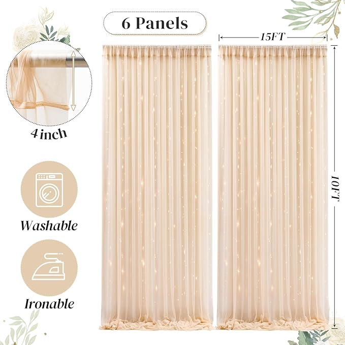 30ft x 10ft Champagne Tulle Backdrop Curtain with Lights String for Parties, Sheer Wedding Photo Backdrops Drapes for Baby Shower Birthday Party Decorations Background for Photography