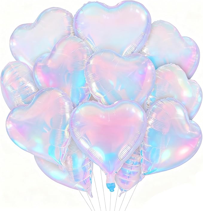 TONIFUL 15Pcs 18 Inch Iridescent Balloons Iridescent Heart Shape Foil Mylar Banners Decoration for Birthday Valentine's Day Wedding Bridal Shower Anniversary Engagement Party Supplies