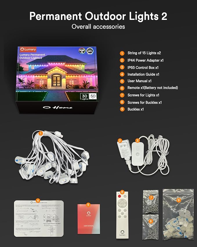 Lumary Smart Permanent Outdoor Lights 2 with Remote & Slide-Base, 50ft with 30 RGBAICW LEDs 1800lm for Daily & Accent Lighting, Work with Alexa Google, 110+ Scene for Halloween Christmas Decor, White