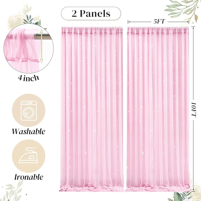 10ft x 10ft Pink Backdrop Curtain with Lights String for Parties, Sheer Tulle Wedding Photo Backdrops Drapes for Baby Shower Birthday Party Decorations Background for Photography
