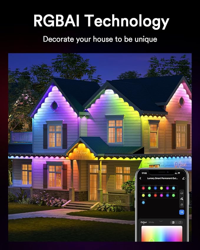 Lumary Permanent Outdoor Lights Pro with Remote, 105ft with 80LED 4000lm RGBAICW Smart Eave Lights, Work with Alexa Google IP67 Waterproof, Multi Scenes for Daily & Accent Lighting Chirstmas Decor