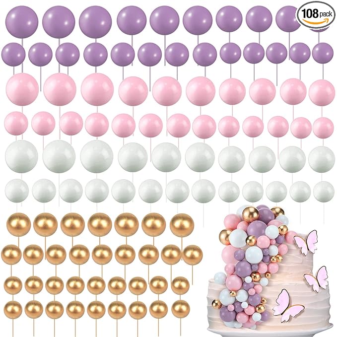 108 Pcs Balls Cake Topper DIY Cupcake Insert Foam Balloons for Cake Baking Wedding Anniversary Birthday Decoration(Pink, Purple, White, Gold,Multi Sizes)