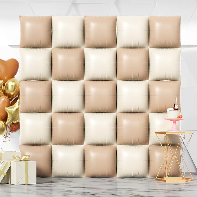 NISOCY 25PCS Coffee White Square Foil Balloons Wall Backdrop Double Sided Coffee Sand White Balloons Arch Kit for Birthday Bridal Baby Shower Gender Reveal Wedding Thanksgiving Party Decorations