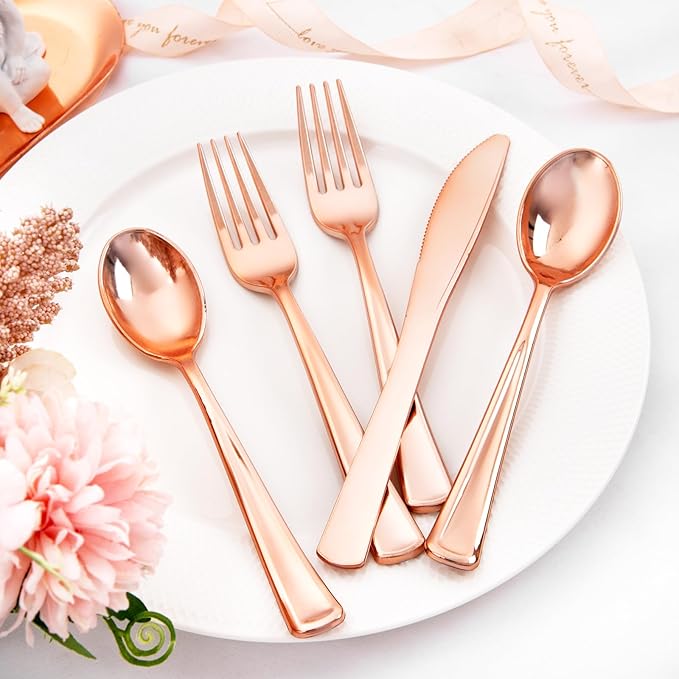 Liacere 100Pack Rose Gold Plastic Silverware - Pre Rolled Napkins with Rose Gold Cutlery - Wrapped Silverware Set Disposable100 Forks Knives Spoons Wrapped Utensils for Wedding&Christmas