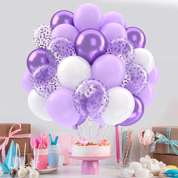 Patimate Lavender Purple Balloons Set, 50 pcs 12 inch Metallic Purple Lavender Lilac Confetti Latex Balloons Kit for Birthday Baby Shower Wedding Party Decorations
