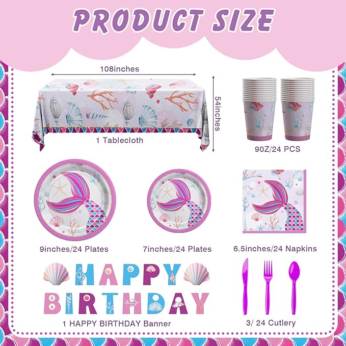Mermaid Birthday Decorations, 170 Pcs Mermaid Party Supplies, Including Banner, Plates, Cups, Napkins, Cutlery and Tablecloths, Serves 24