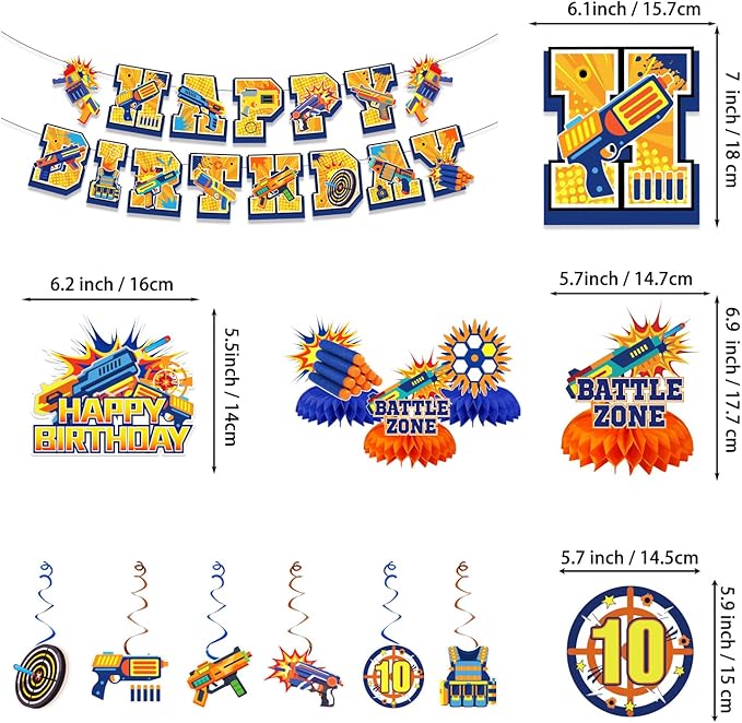 188PCS Dart War Party Supplies Birthday Decorations Dart Battle Disposable Plates Napkins Set, Banner, Hanging Swirls, Tablecloth, Cake Topper, Balloon, Honeycomb Centerpieces Table Decorations