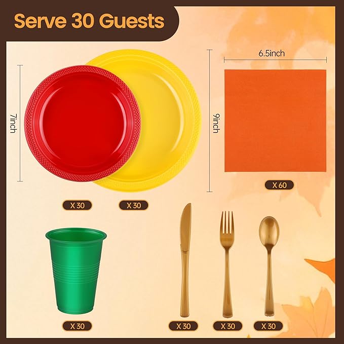 240 Pieces Fall Plastic Dinnerware Set Disposable Party Plates Napkins Cups and Silverware Dessert Dinner Plates for Birthday Wedding Thanksgiving Party Supplies, Serves 30 Guests