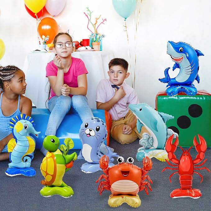 7 Pcs Ocean Animal Balloons - Standing Turtle Seahorse Dolphin Shark Crab Lobster Sea Lion Foil Balloons for Under The Sea Themed Party Decorations