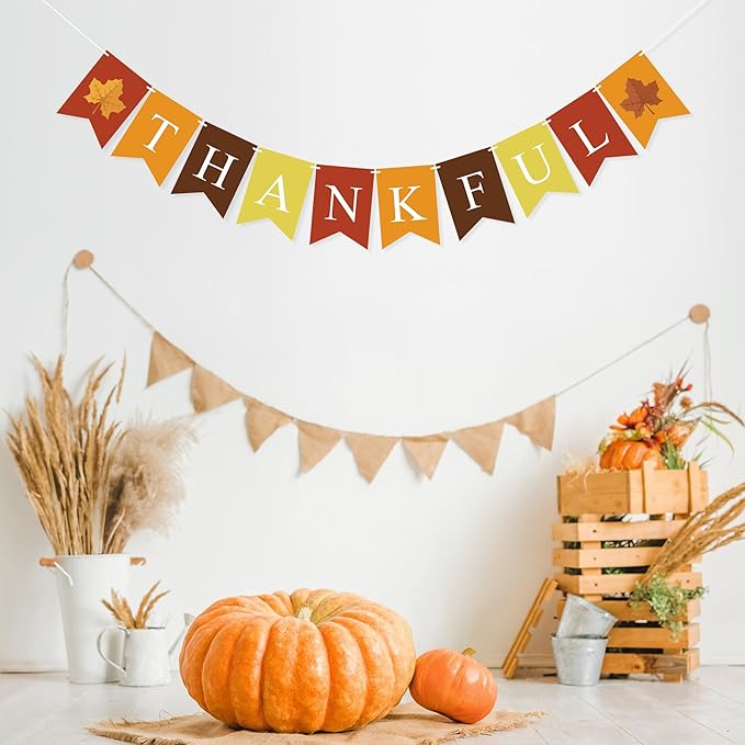 Thankful Banner Thanksgiving Day Decorations for Mantle Fireplace Fall Banner Garland Autumn Harvest Home Decor Fall Photo Props Wall Hanging Bunting Assembled Thanksgiving Party Supplies