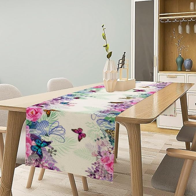 Butterfly Table Runner, Wildflowers Floral Butterfly Table Decoration Seasonal Summer Home Kitchen Dining Table Indoor Outdoor Farmhouse Decor 13x70 in
