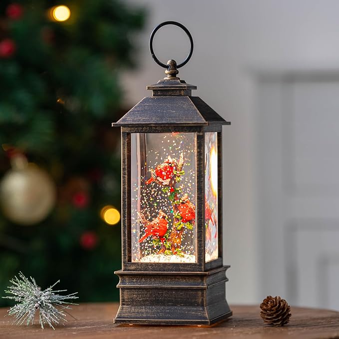 10'' Lighted Cardinal Music Snow Globe Water Lantern with Swirling Glitter Decoration for Christmas Home, Living Room, Battery Operated or USB Powered