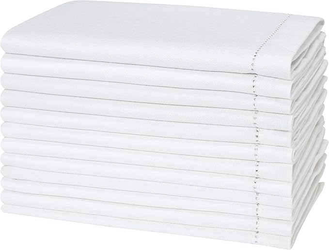 Cotton Cloth White Napkins Set of 12 - with Hemstitched 18x18 Inch Decorative Beautiful Soft Reusable Washable Dinner Napkin for Dining Table Décor, Wedding, Cocktail, Party, Easter & Everyday Use