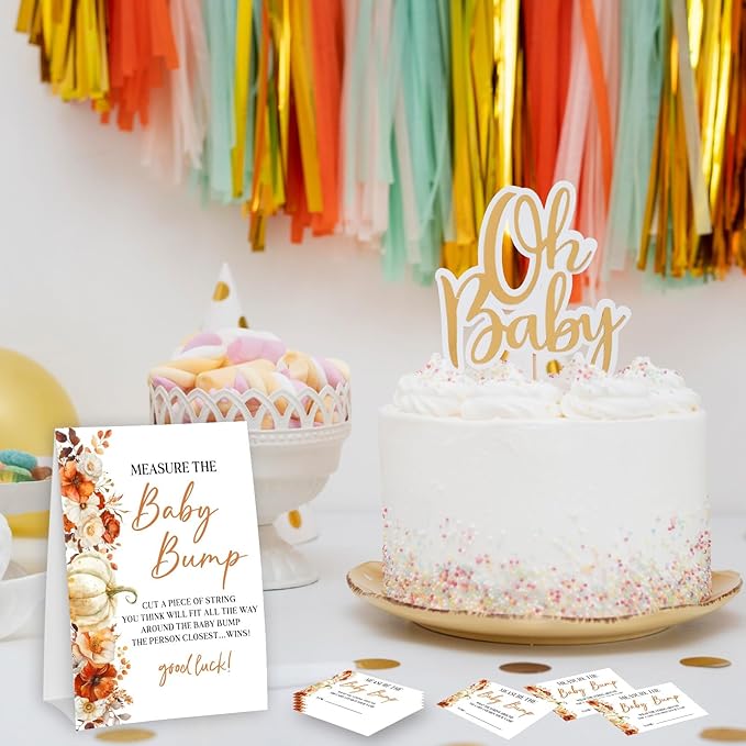 Little Pumpkin Measure The Baby Bump - Thanksgiving Baby Shower Card Set (1 Sign With 50 Guess Cards), Fall Gender Reveal Party Favor Supplies -A12