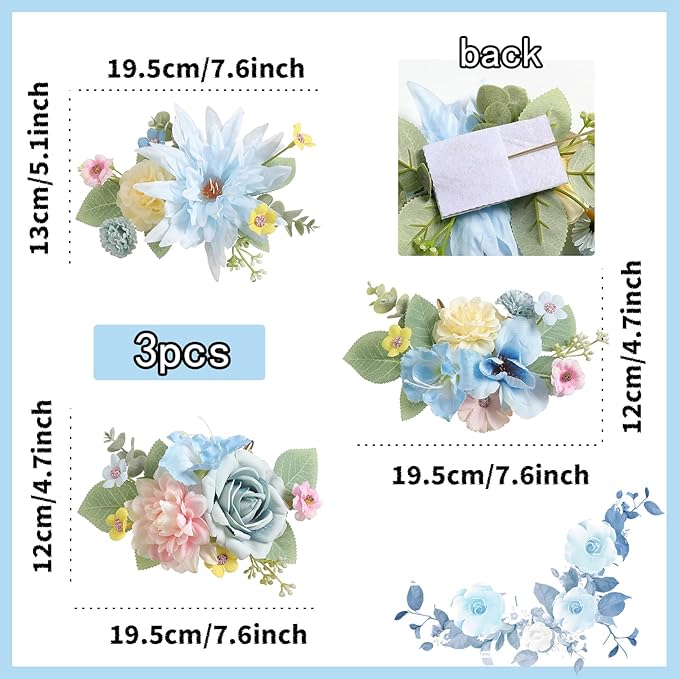 Cake Toppers Flowers,3 Pieces Hand-made Silk Flowers Cake Decorations for Birthday Baby Shower Wedding Valentine's Day Celebration Boho Party Supplies (Blue Pink)