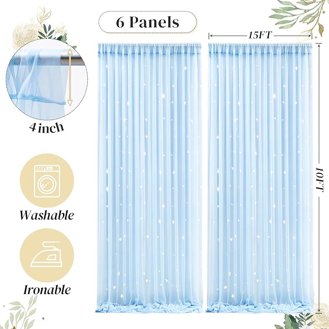30ft x 10ft Blue Backdrop Curtain with Lights String for Parties, Sheer Tulle Wedding Photo Backdrops Drapes for Baby Shower Birthday Party Decorations Background for Photography