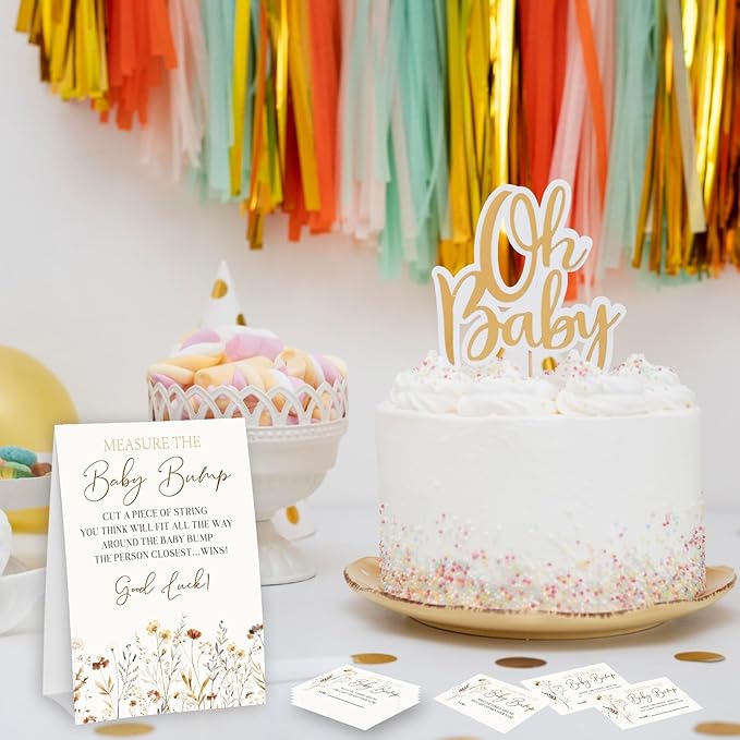 Wildflower Measure The Baby Bump - Thanksgiving Baby Shower Card Set (1 Sign With 50 Guess Cards), Fall Floral Gender Reveal Party Favor Supplies -A18