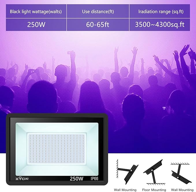 2 Pack 250W LED Flood Black Lights, Outdoor Flood Blacklight Light with Plug, IP66 Waterproof forGlow in The Dark, Dance Party, Stage Lighting, Body Paint, Fluorescent Poster, Neon Glow
