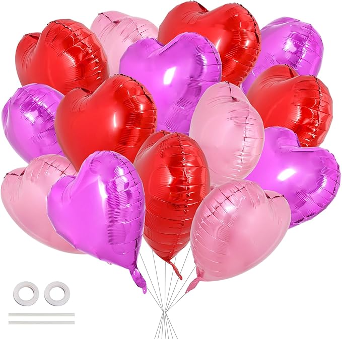 TONIFUL 30Pcs 18 Inch Heart Balloons Valentine’s Day Red Pink Hot Pink Heart Shape Foil Mylar Balloons Decoration for Valentine's Day Wedding Bridal Shower Anniversary Engagement Party Supplies