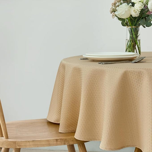 maxmill Round Weaved Texture Design Tablecloth Spill-Proof Wrinkle Free Soft Washable Table Cloth for Circular Table Cover, for Dining Room Buffet Banquet Parties Holiday Dinner, 70 Inch Beige