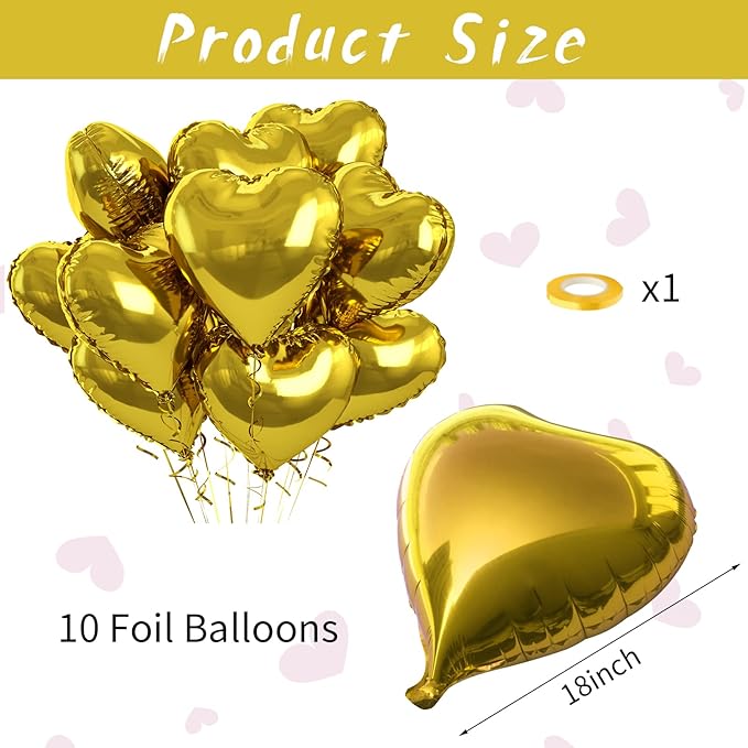 Gold Heart Foil Heart Shaped Balloons, 10PCS Gold Foil Heart Balloons Valentines Balloons, 18inch Gold Love Foil Balloons for Helium Valentine Decorations for Gold Wedding, Brithday Party, Anniversary