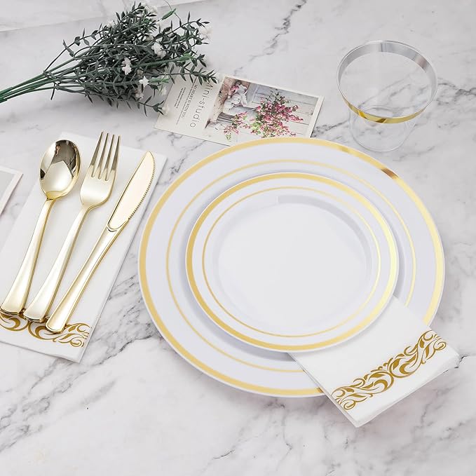 BESTVIP 175 PCS Gold Dinnerware Set for 25 Guests, Plastic Dinnerware Set for Party, Wedding, Christmas, Halloween, Include: 50 Plastic Plates, 25 Gold Silverware, 25 Cups, 25 Paper Napkins