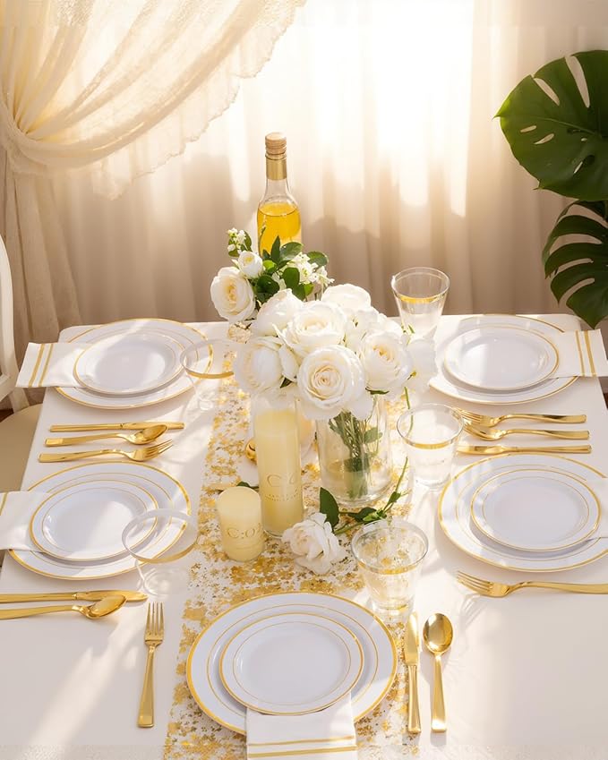 GATHER 700PCS Gold Plastic Plates - Whtie and Gold Disposable Dinnerware Sets 100Guest - 200 Disposable Plate, 300 Plastic Silverware, 100 Cups, 100 Napkins for Wedding & Party & Christmas